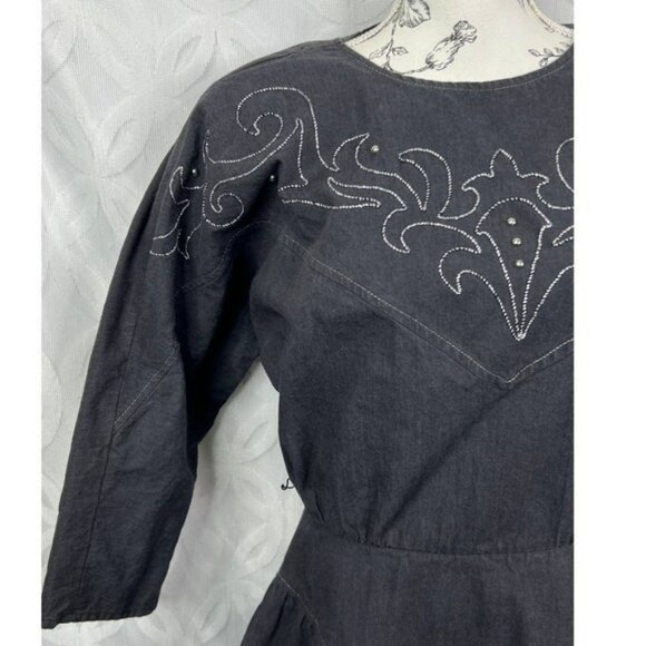 PG‎ Collections Western Style Black Denim Dress with White Embroidery Size 10 - Picture 6 of 14